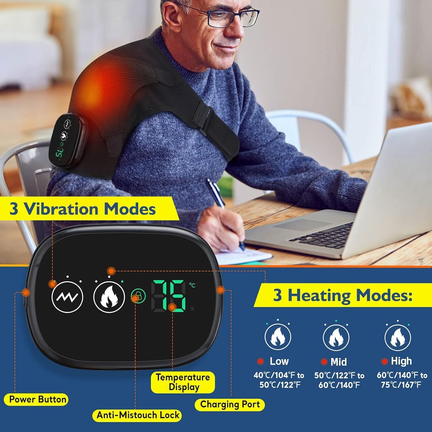 Heating Shoulder Wrap, Shoulder Heating Pads Massager for Men Women, Electric Cordless Vibration Massage Heating Shoulder Braces with 3 Heating Setting, Left/Right Shoulder Massage