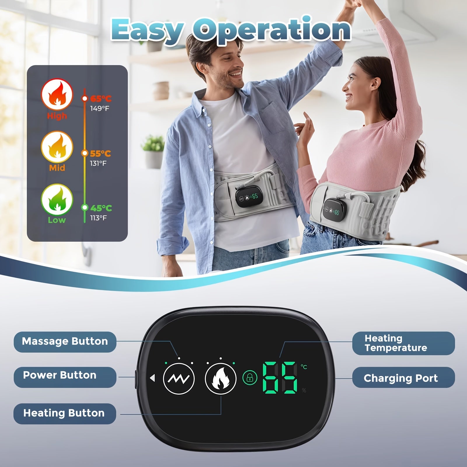 Portable Heating Pad USB Charging, Waist Support Belt with Air Traction, Wireless Heating Pad with Vibration Massage, Heating Pad with 3 Heat Levels and 3 Massage Modes, Suitable for Back and Waist, Gift for Mom
