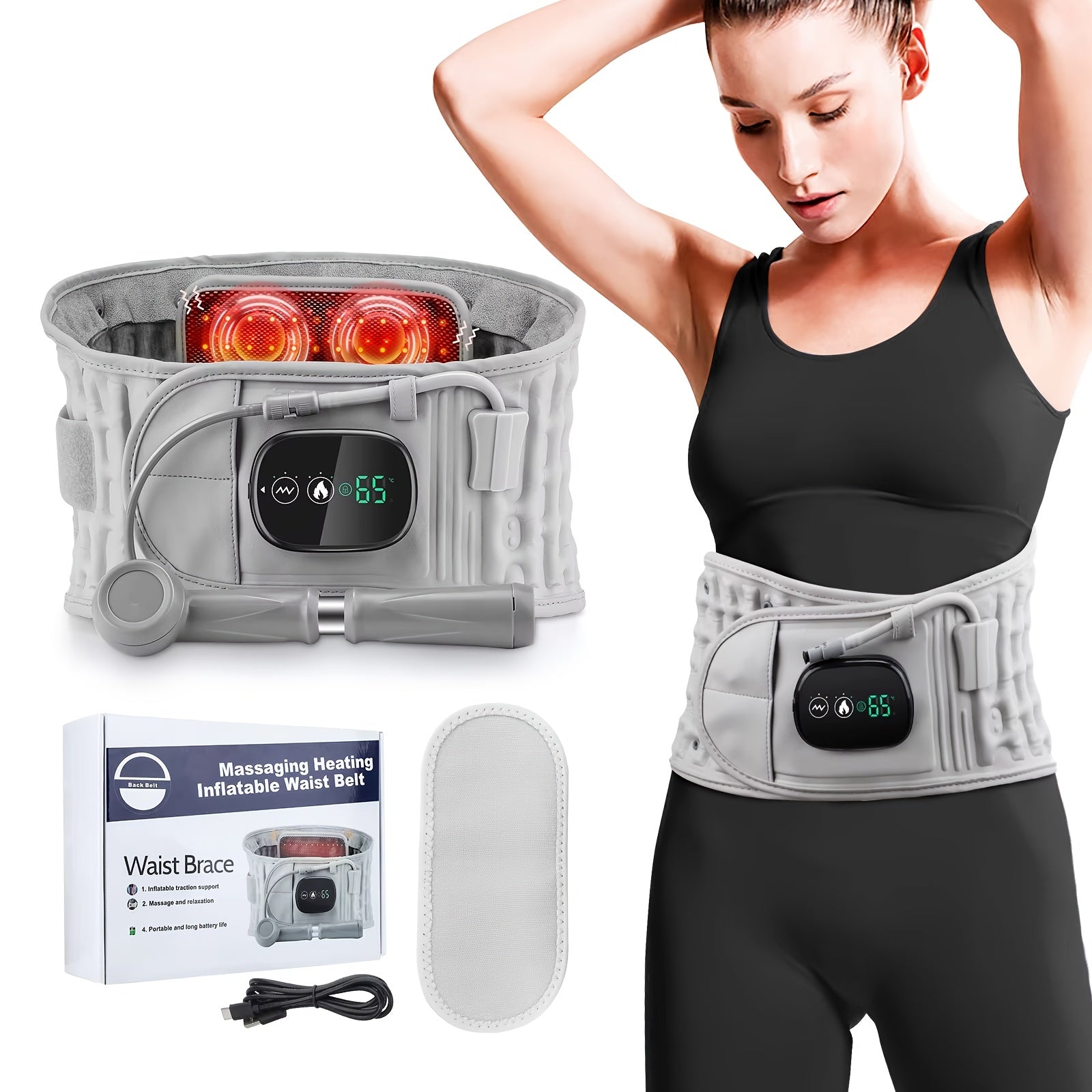 Portable Heating Pad USB Charging, Waist Support Belt with Air Traction, Wireless Heating Pad with Vibration Massage, Heating Pad with 3 Heat Levels and 3 Massage Modes, Suitable for Back and Waist, Gift for Mom