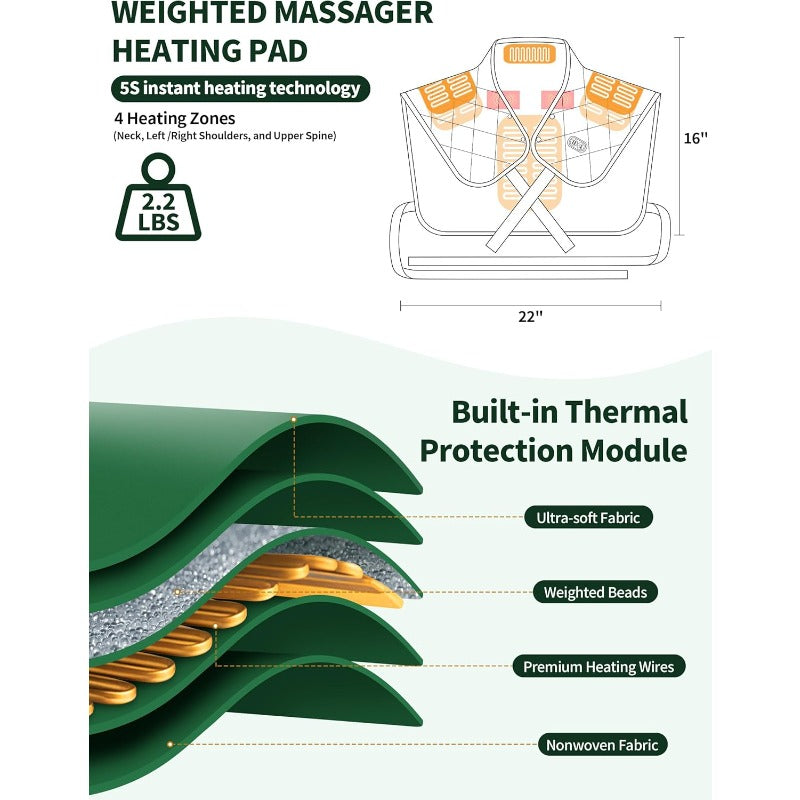 Heating Pad for Neck and Shoulders Portable Heating Pad with Massager and Battery Weighted Electric Heated Neck Shoulder Wrap 16'' x 22'' 2.2lbs