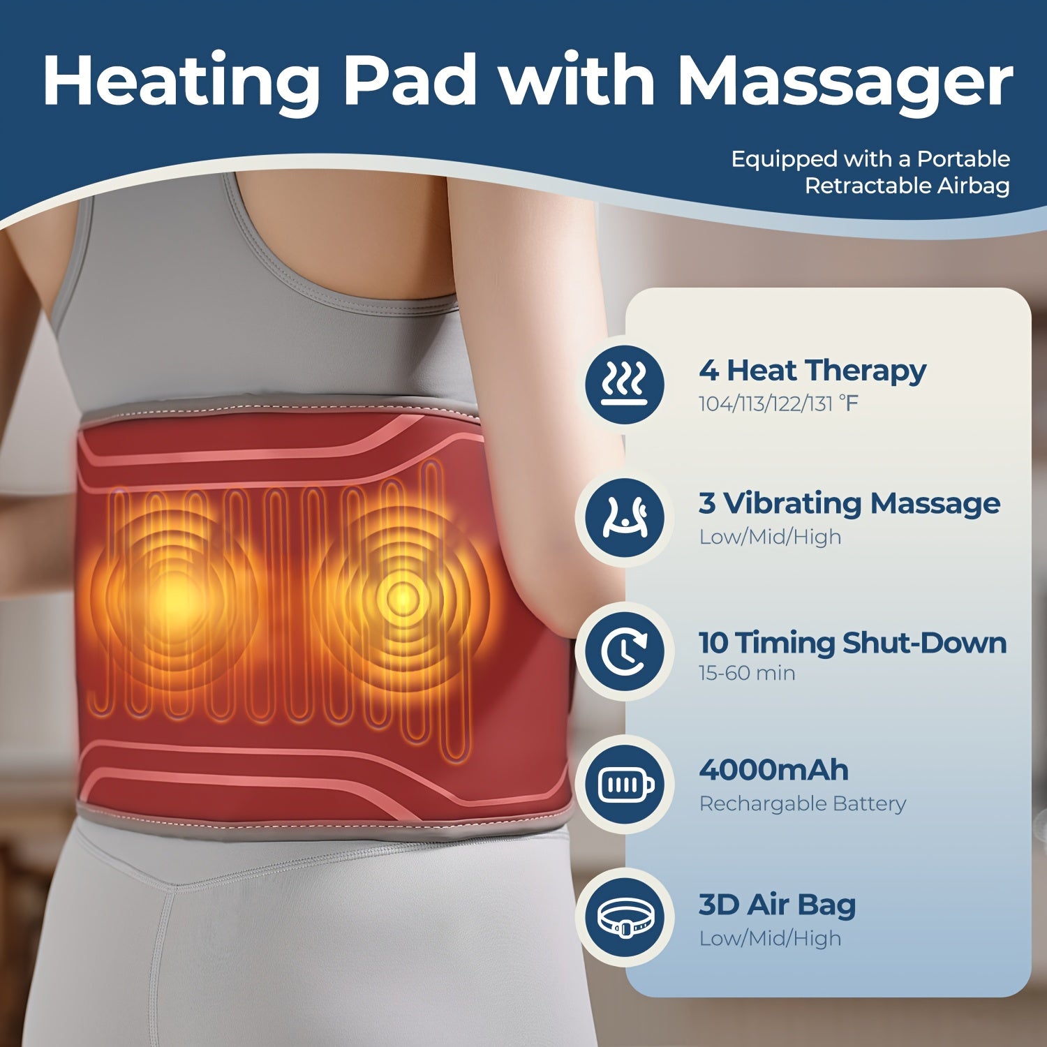Electric Heated Waist Belt, Portable Retractable 3D Airbag, USB Charging Heating Pad With Massager, With 3 Vibration And 4 Heat, Adjustable Strap Fits All Body Type Lightweight Portable, Daily Use, Heated Back Belt Gifts For Family Men Women