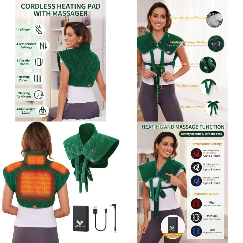 Heating Pad for Neck and Shoulders Portable Heating Pad with Massager and Battery Weighted Electric Heated Neck Shoulder Wrap 16'' x 22'' 2.2lbs
