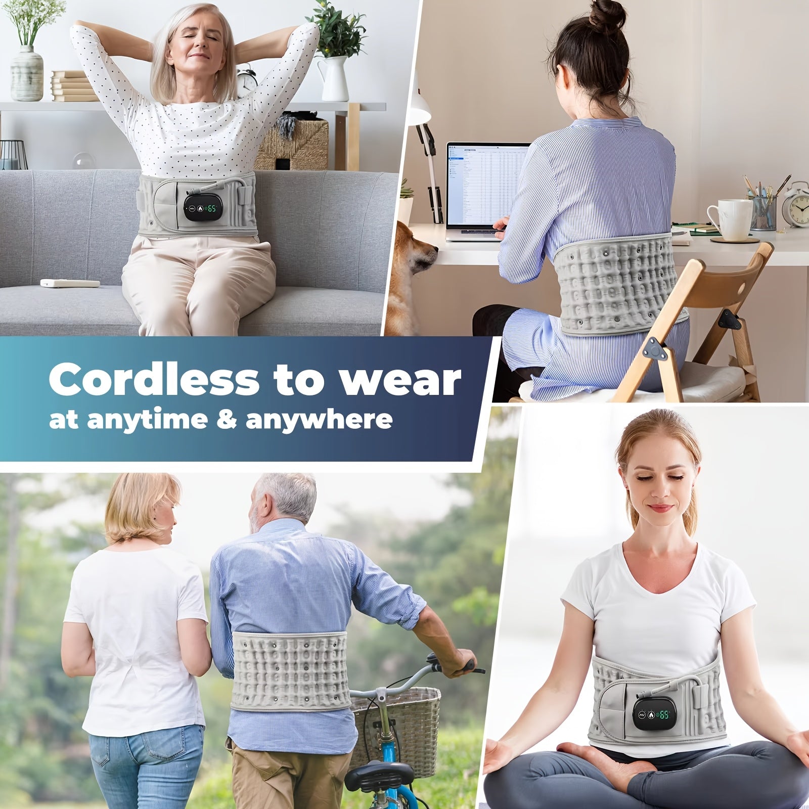 Portable Heating Pad USB Charging, Waist Support Belt with Air Traction, Wireless Heating Pad with Vibration Massage, Heating Pad with 3 Heat Levels and 3 Massage Modes, Suitable for Back and Waist, Gift for Mom