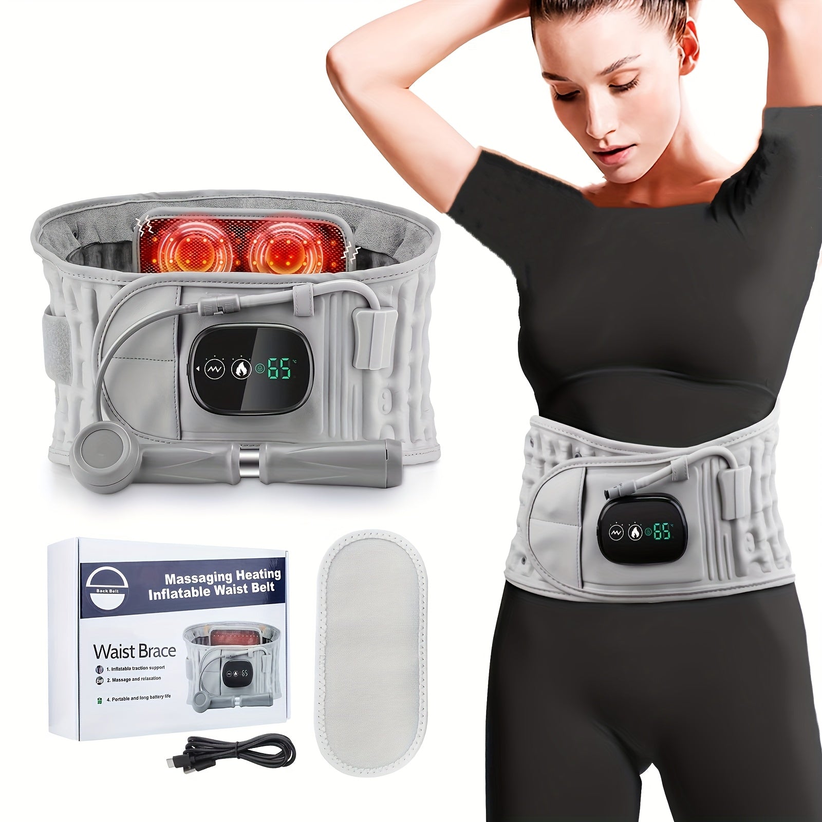 Portable Heating Pad USB Charging, Waist Support Belt with Air Traction, Wireless Heating Pad with Vibration Massage, Heating Pad with 3 Heat Levels and 3 Massage Modes, Suitable for Back and Waist, Gift for Mom